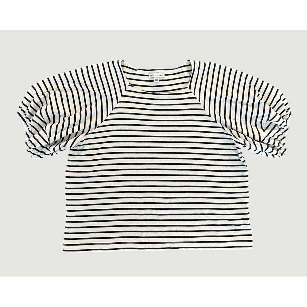 Free Assembly Striped Puff Sleeve Top Navy White Cotton Knit Raglan Large 1441